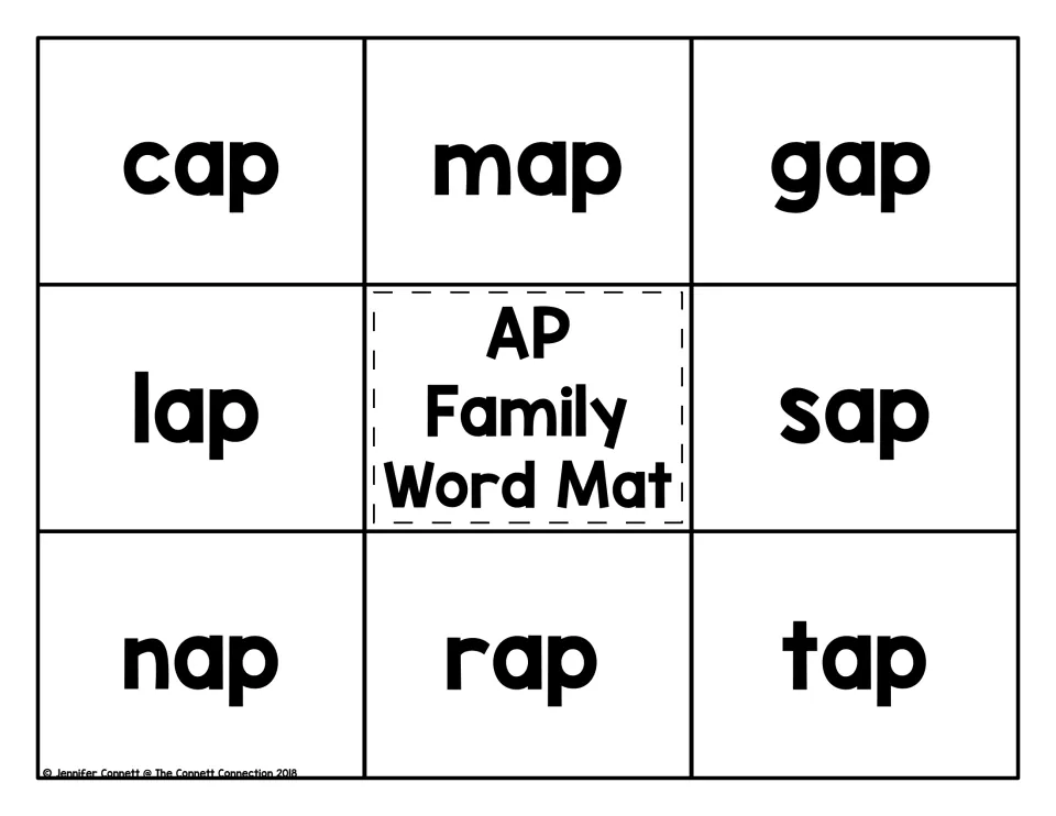 AP family word mat: students match cards to cap, map, gap, lap, sap, nap, rap and tap to practise reading -ap words