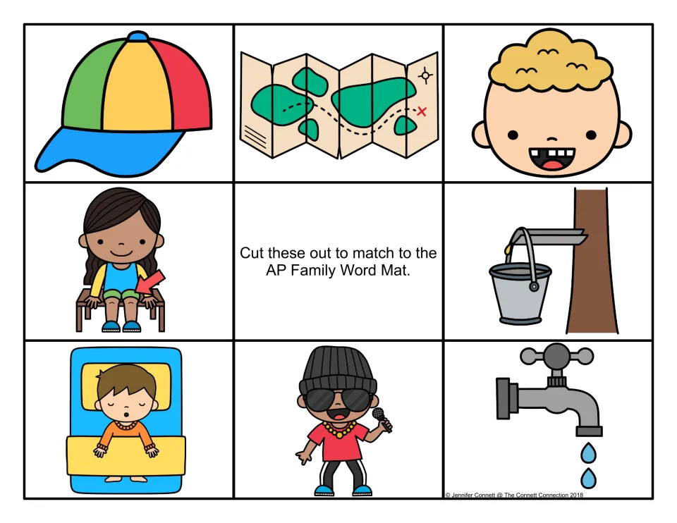 Color picture cards to cut out for the -ap word mat: cap, map, gap-toothed boy, lap, sap bucket, nap, rapper and tap