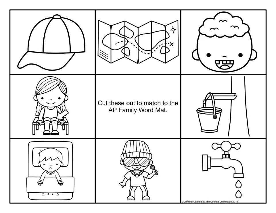 Black-and-white -ap word picture cards: cap, map, gap tooth, lap, sap, nap, rapper and tap to cut out and match