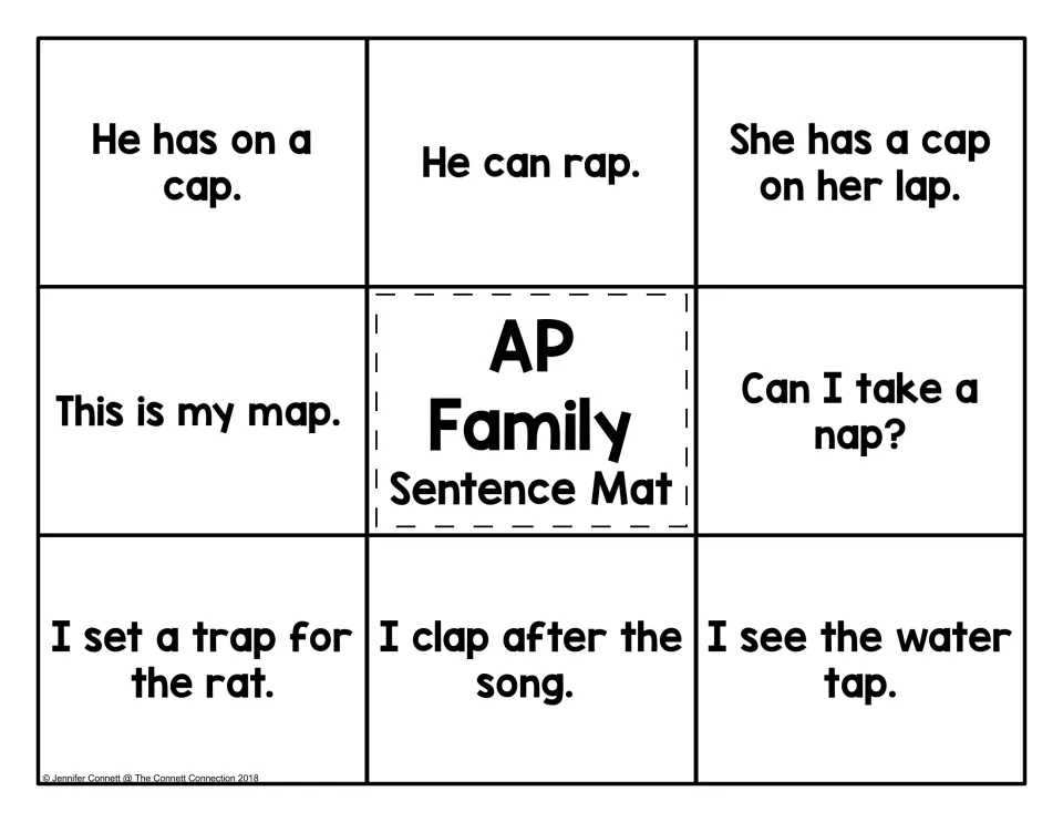 AP family sentence mat: students read eight -ap sentences, such as Can I take a nap?, and match each to a picture
