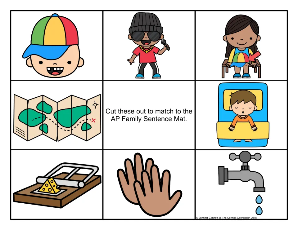 Color cards for the -ap sentence mat: boy in cap, rapper, cap on lap, map, nap, mousetrap, clapping hands and water tap