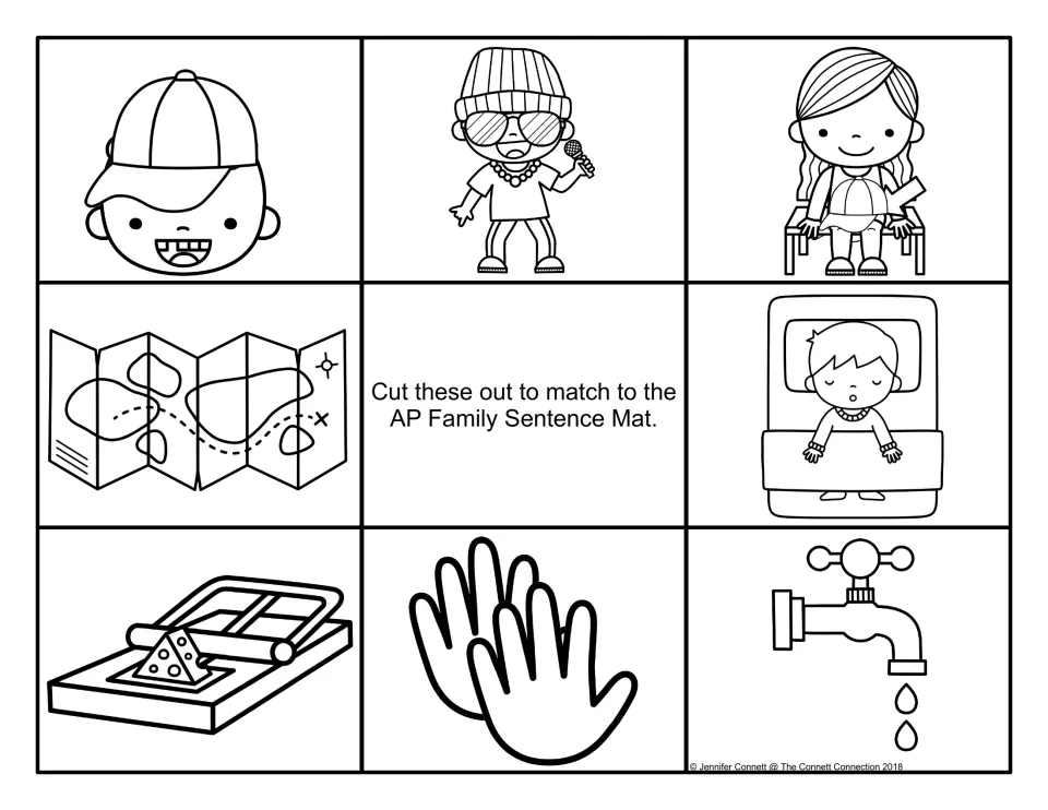 Black-and-white sentence cards to cut out: boy in cap, rapper, girl with cap on lap, map, nap, rat trap, clap and tap