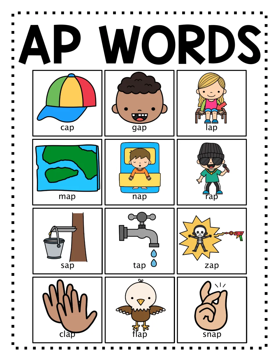 Short a -ap word family poster in color: 12 labeled pictures, including cap, map, tap, clap, flap and snap