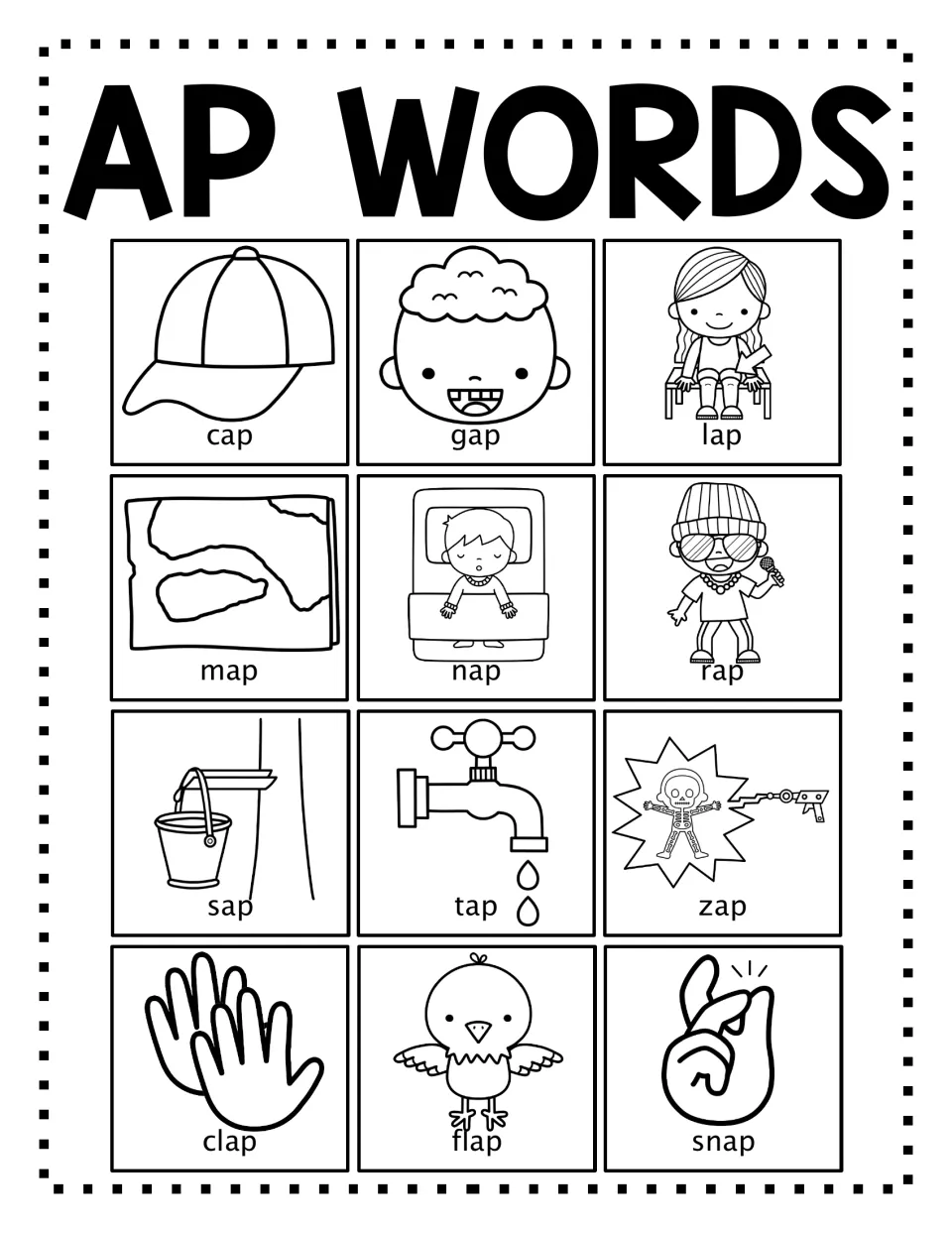 Black-and-white -ap word family poster: line art for cap, gap, lap, map, nap, rap, sap, tap, zap, clap, flap, snap