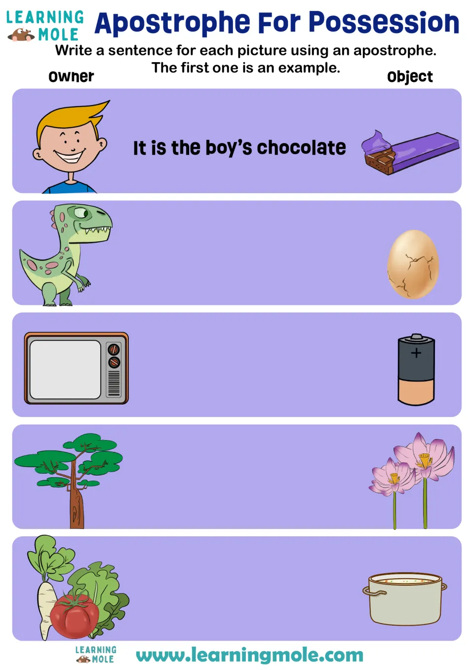 Possessive apostrophes: students write a sentence for each owner-object pair, like dinosaur and egg, after a worked example