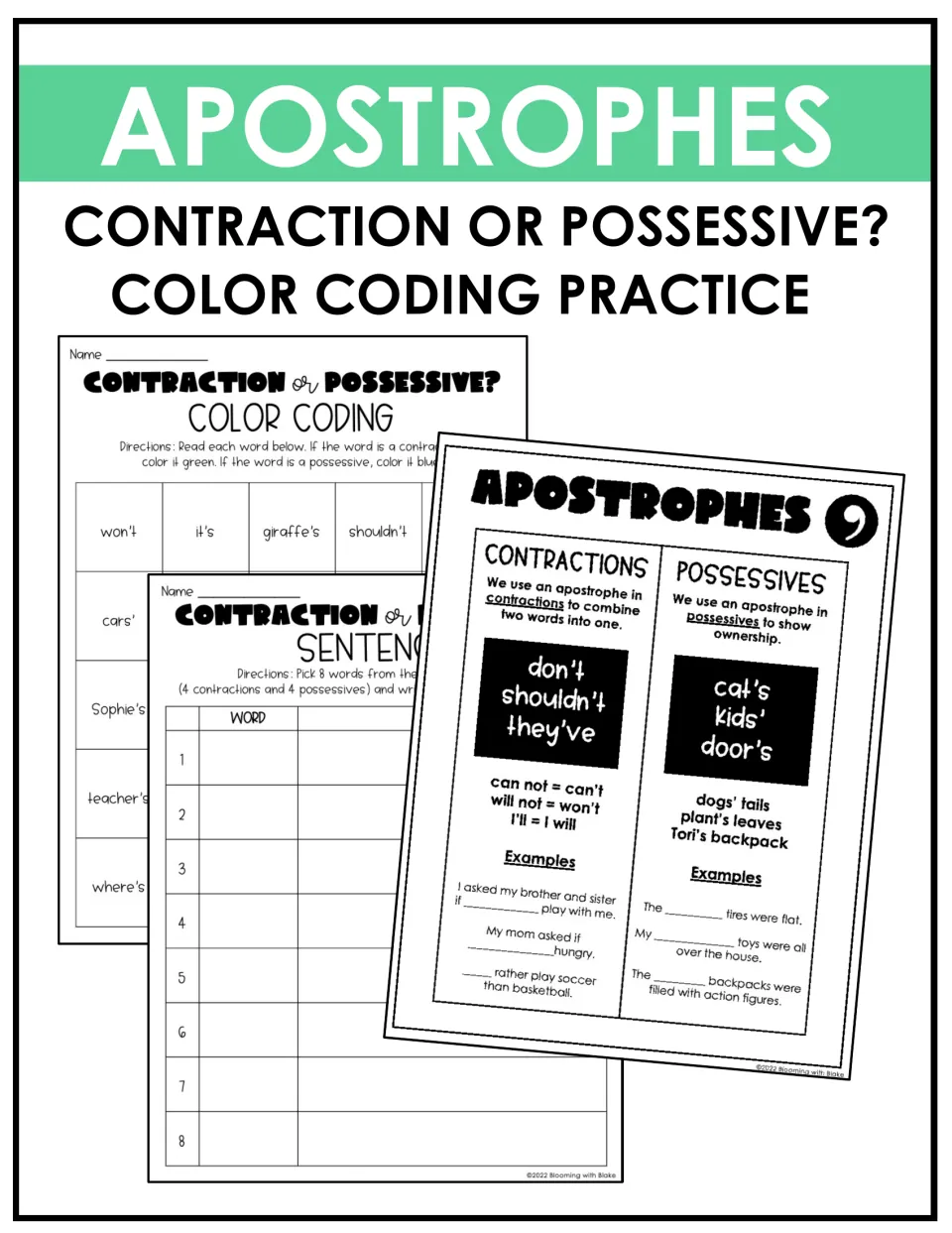 Apostrophes cover: contraction or possessive color coding practice, showing a word sort, sentence chart and anchor page