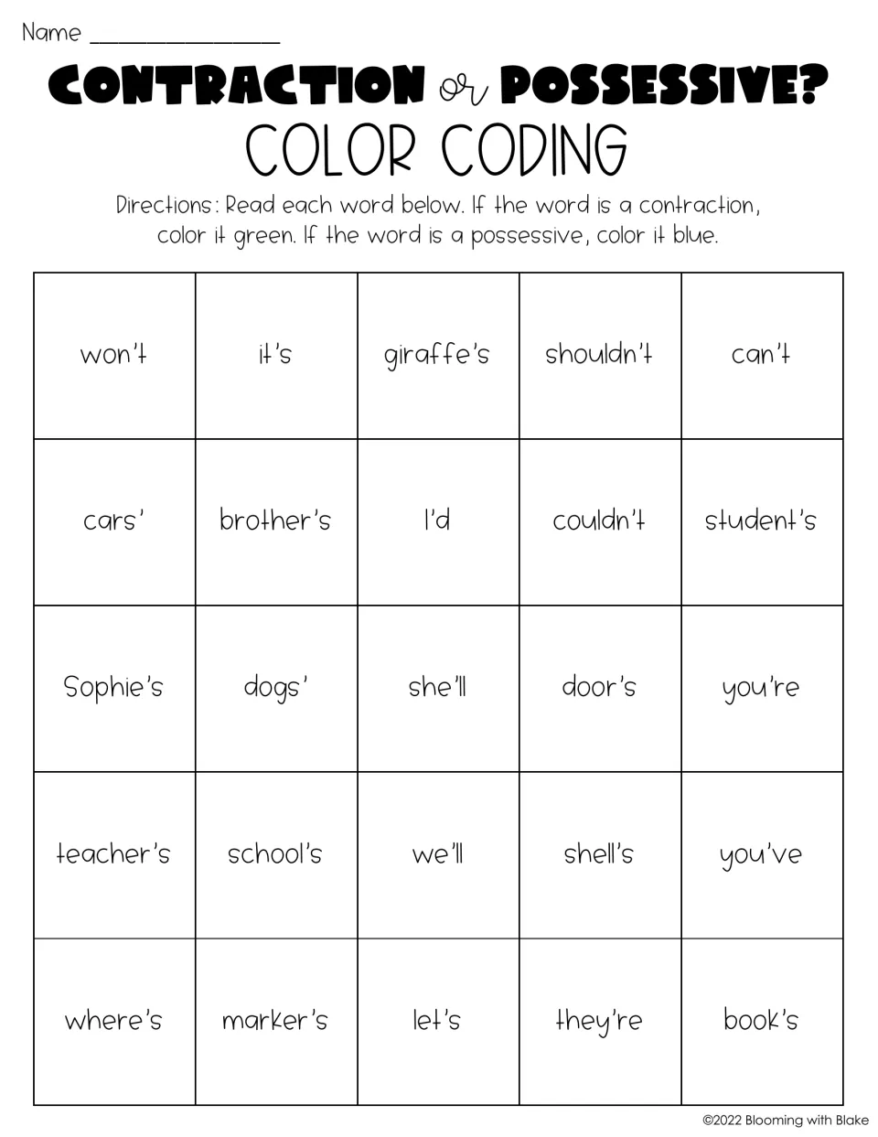 Contraction or possessive color coding: students color 25 words such as won't, giraffe's and you're green or blue