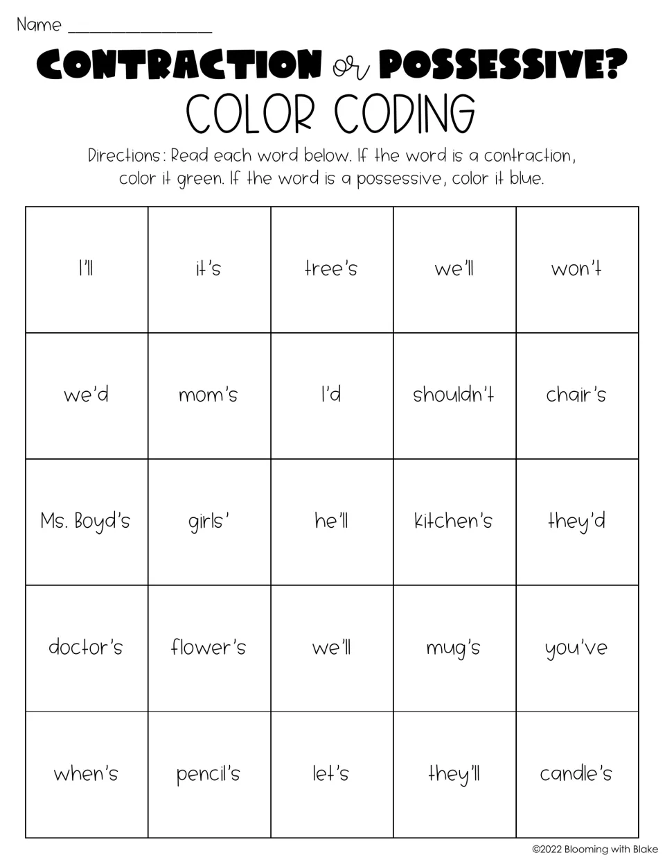 Second color coding word set: students sort 25 words like I'll, tree's, Ms. Boyd's and they'd as contraction or possessive