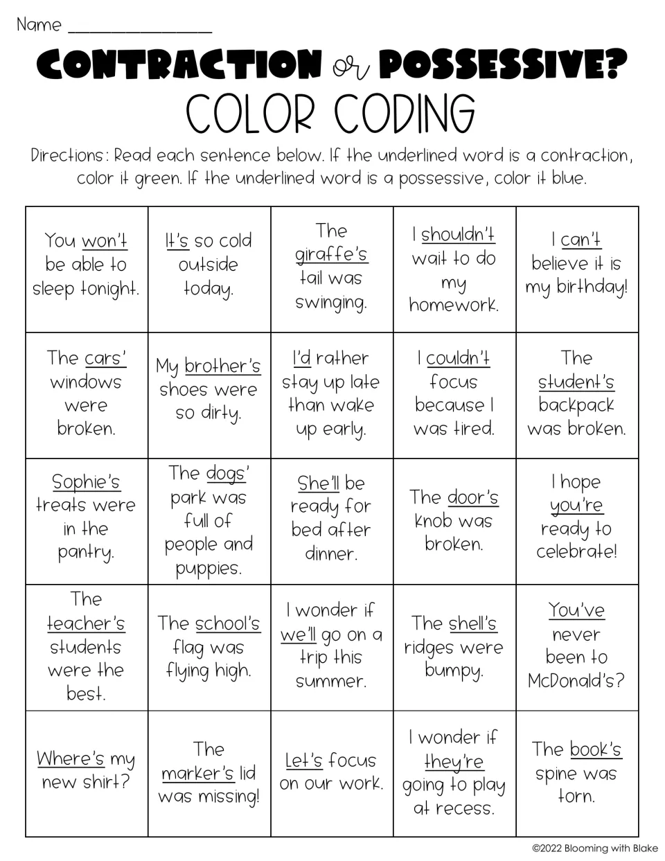 Sentence color coding: students read 25 sentences and color the underlined contraction green or the possessive blue