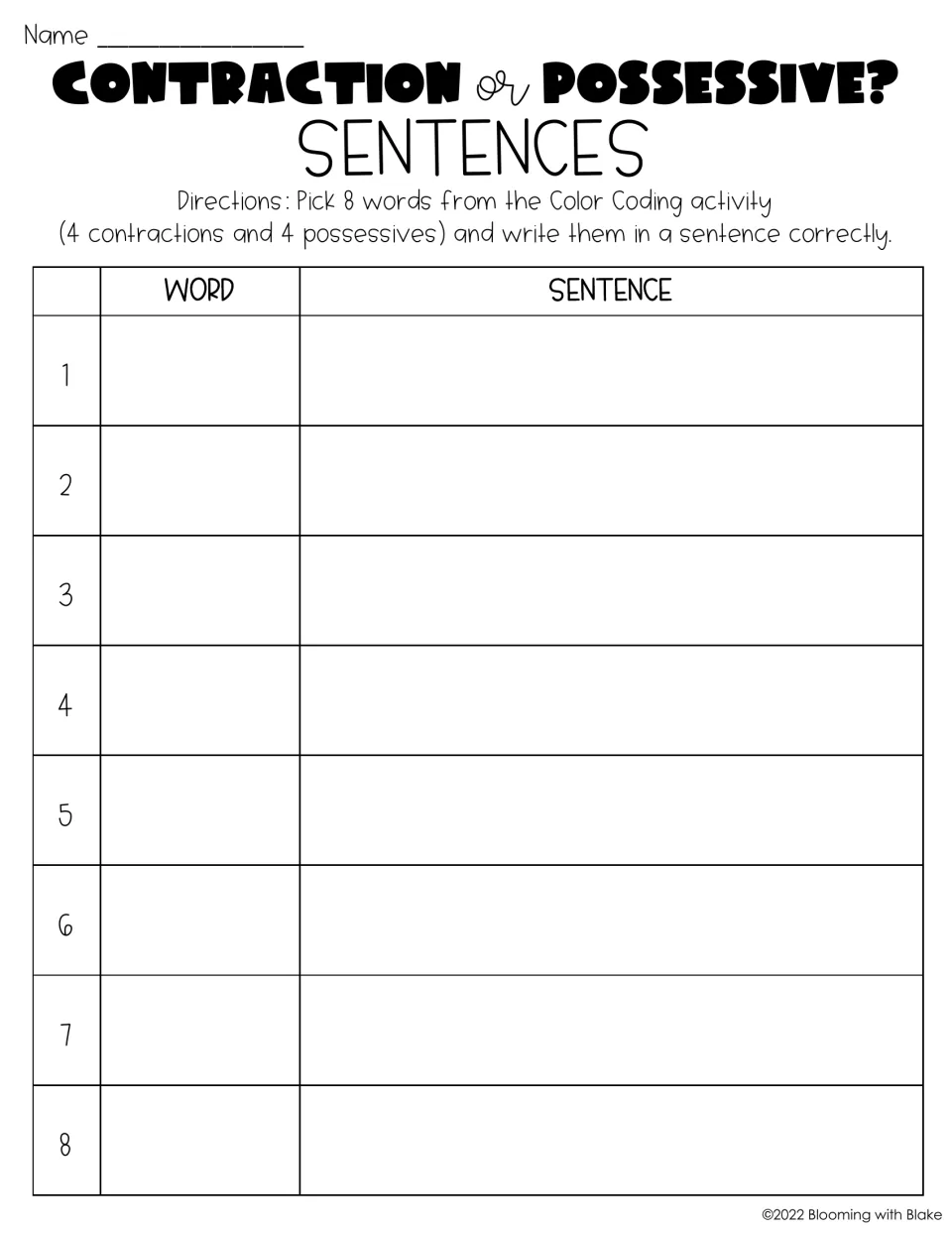 Sentence writing: students choose 4 contractions and 4 possessives from the color coding words and use each in a sentence