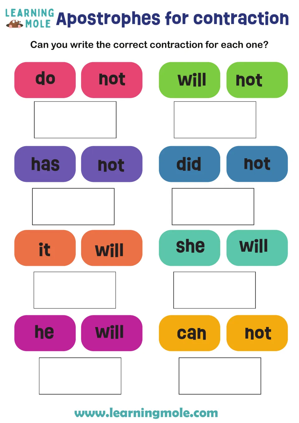 Contractions with apostrophes: students combine 8 word pairs such as do not, will not, it will and can not into one word