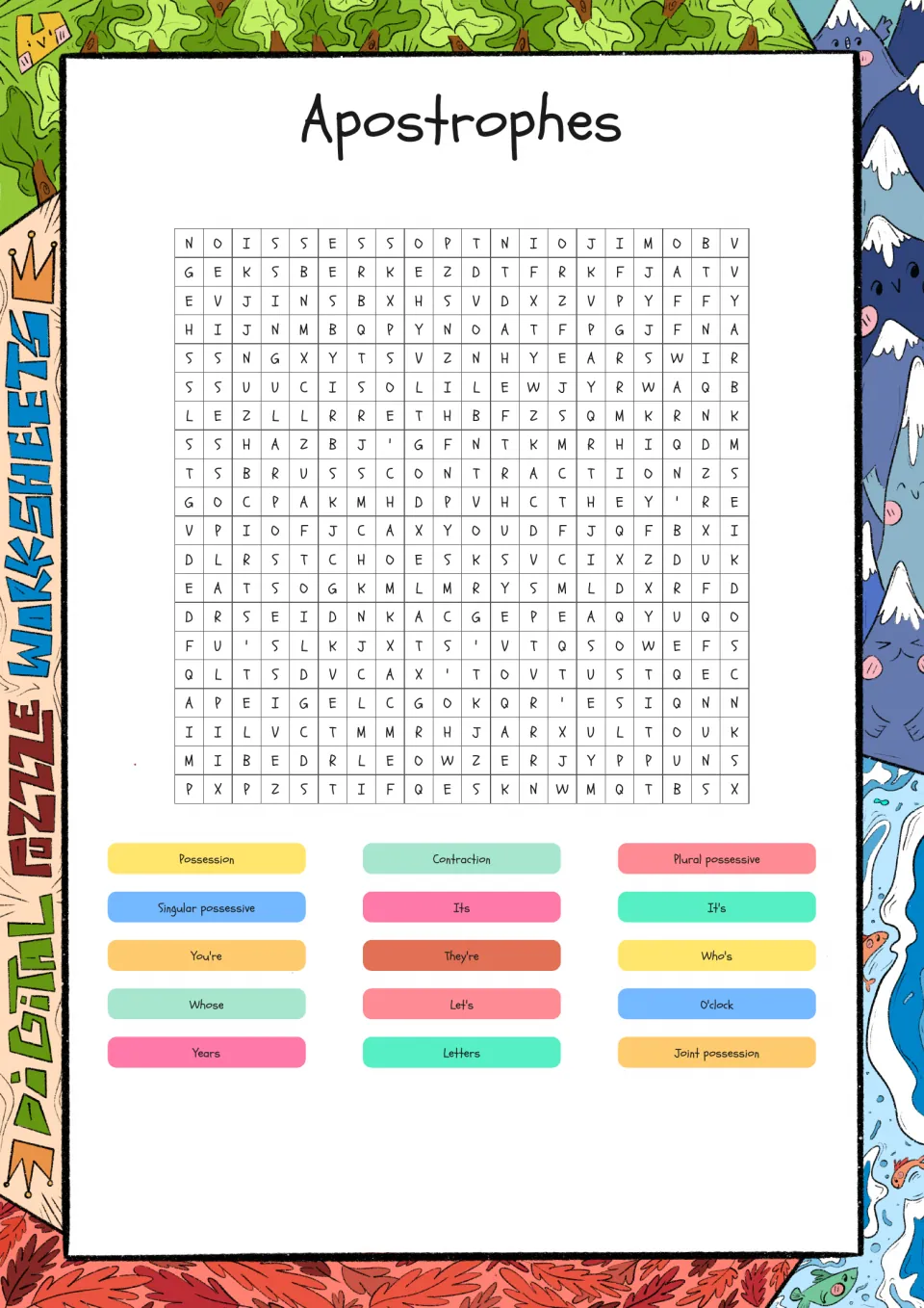 Apostrophes word search: students find 15 terms such as possession, contraction, it's, they're, who's and o'clock