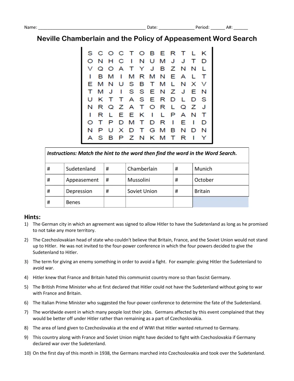 Appeasement word search with 10 matching clues and terms including Sudetenland, Chamberlain, and Munich