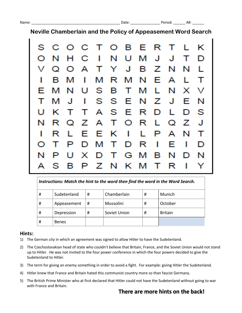 Two-page appeasement activity, first page: 10-term word search and five clues about Munich and other topics