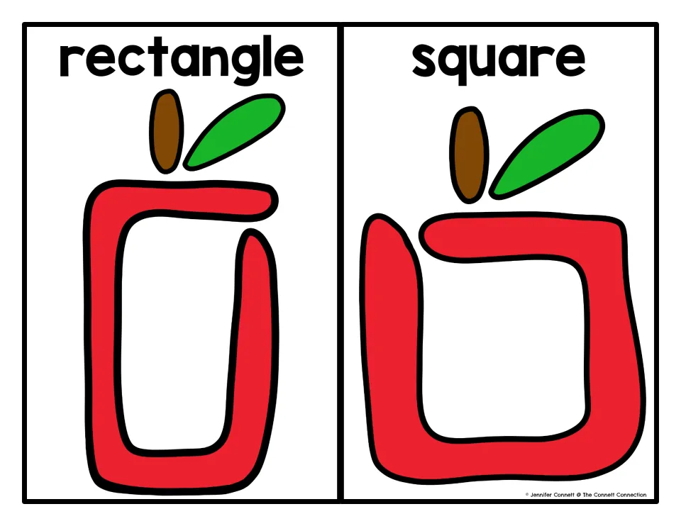 Rectangle and square mats: each shape is drawn as a red apple with a stem and leaf for students to trace with playdough