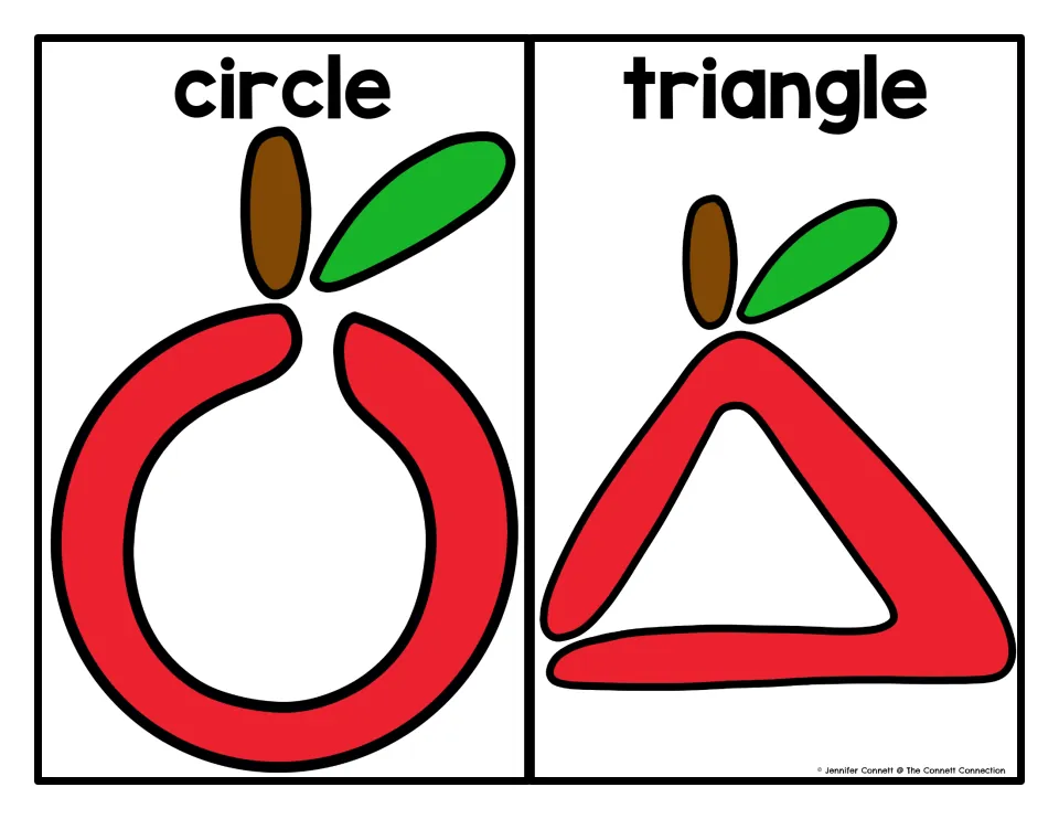 Circle and triangle mats: red apple outlines in each shape for children to cover with rolled dough