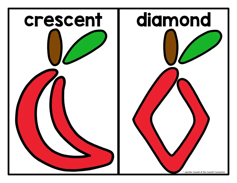 Crescent and diamond mats: red apples bent into a crescent moon and a diamond outline for students to build over in dough