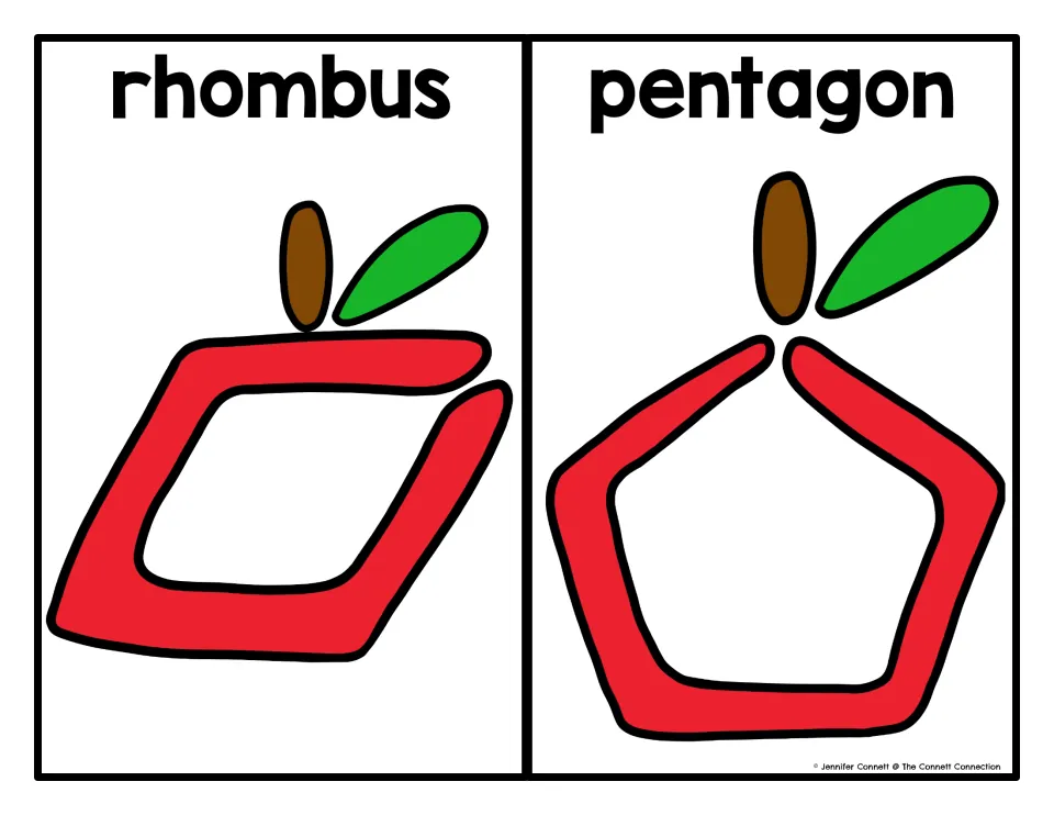 Rhombus and pentagon mats: slanted four-sided and five-sided apple outlines for kids to trace with dough and count sides
