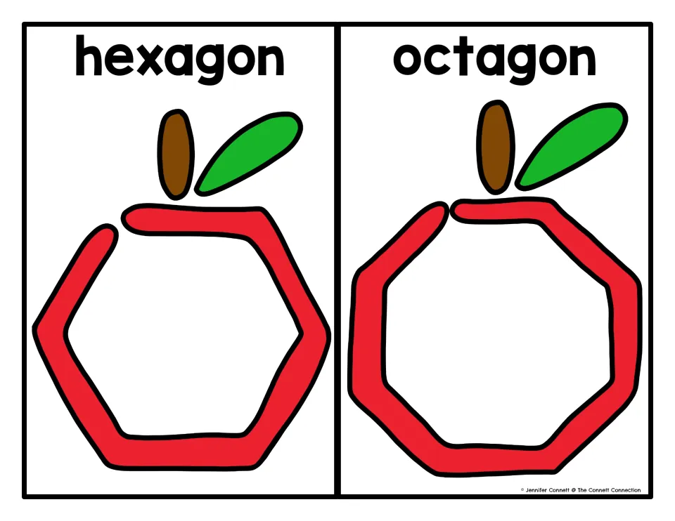 Hexagon and octagon mats: six-sided and eight-sided red apples with stems and leaves to cover with dough and compare sides