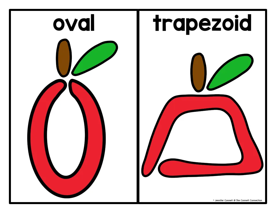 Oval and trapezoid mats: a tall oval apple and a trapezoid apple outline, each with stem and leaf, for shaping with dough
