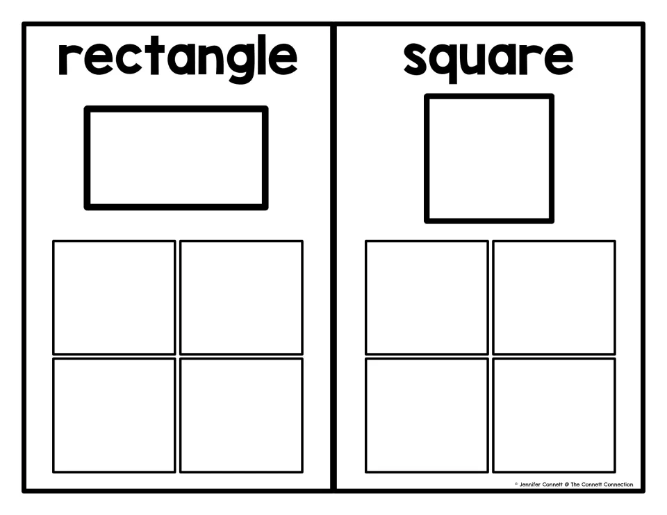 Rectangle and square sorting mats, each labeled with its shape name, for matching apple-shaped cards