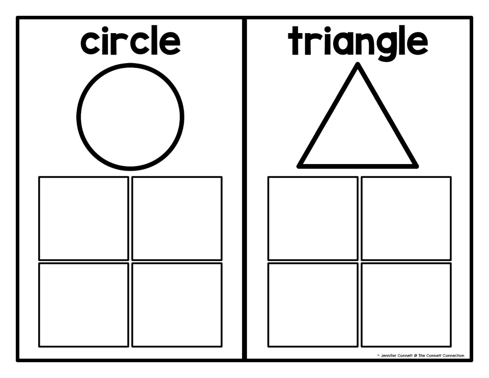 Circle and triangle sorting mats, each labeled with its shape name, for matching apple-shaped cards