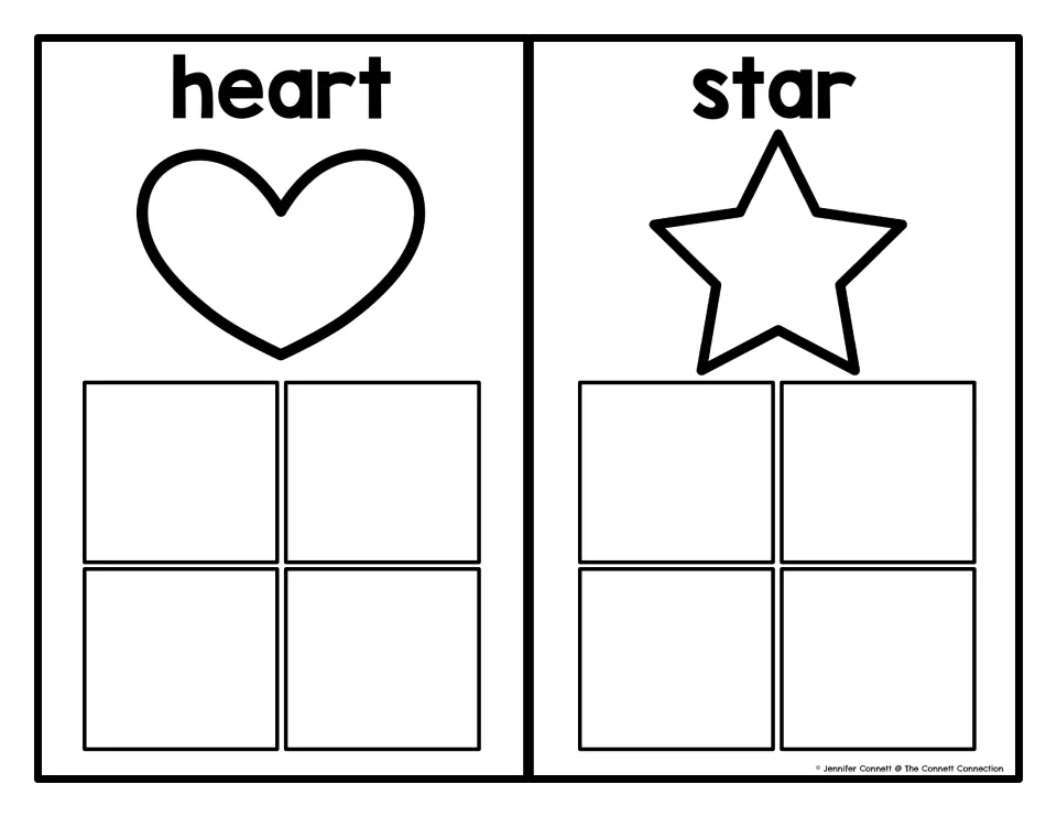 Heart and star sorting mats, each labeled with its shape name, for matching apple-shaped sorting cards