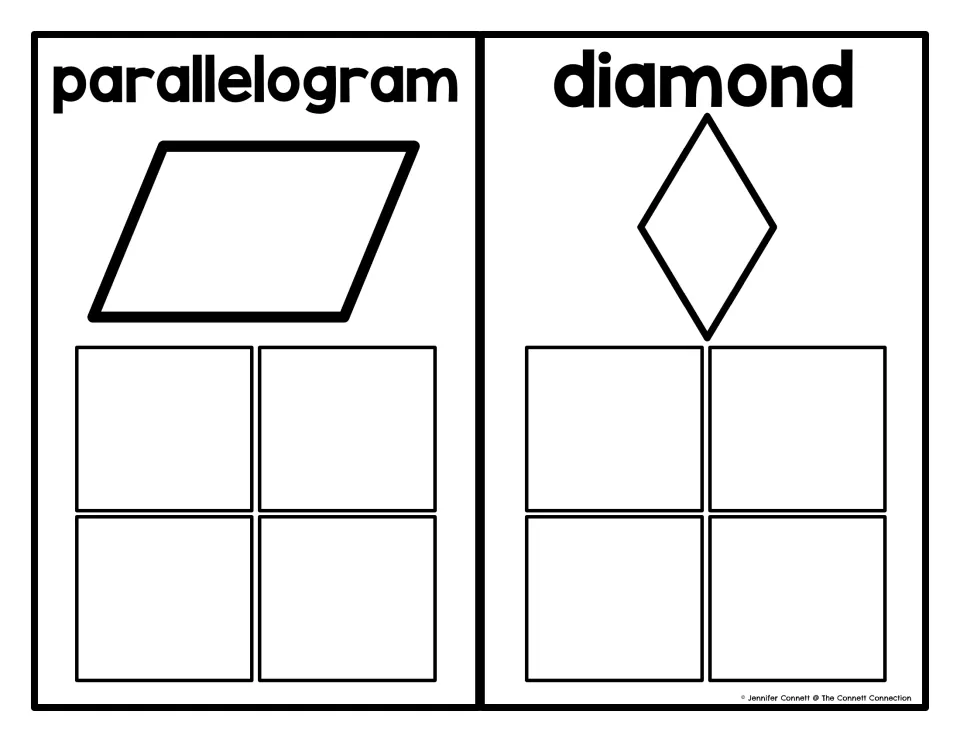 Parallelogram and diamond sorting mats with labeled shape outlines for matching apple-shaped cards