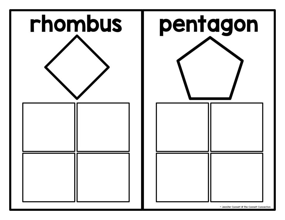 Rhombus and pentagon sorting mats, each labeled with its shape name, for matching apple-shaped cards