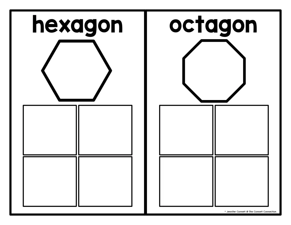 Hexagon and octagon sorting mats, each labeled with its shape name, for matching apple-shaped cards