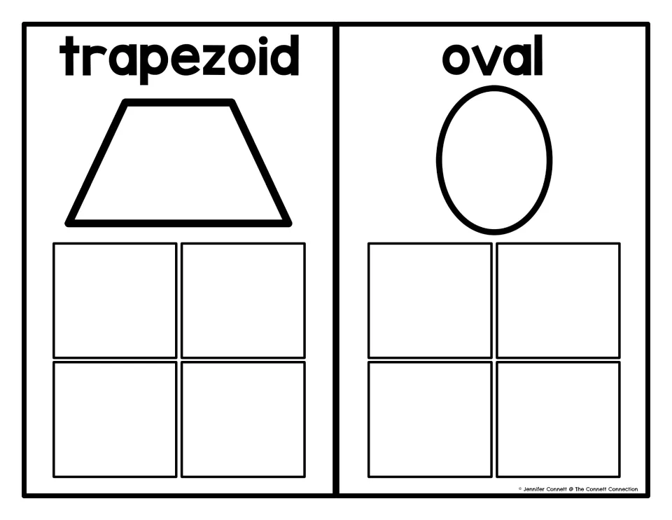 Trapezoid and oval sorting mats, each labeled with its shape name, for matching apple-shaped cards