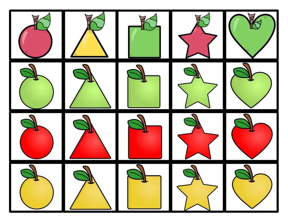 20 apple-shaped sorting cards: four each of circle, triangle, square, star, and heart in varied colors