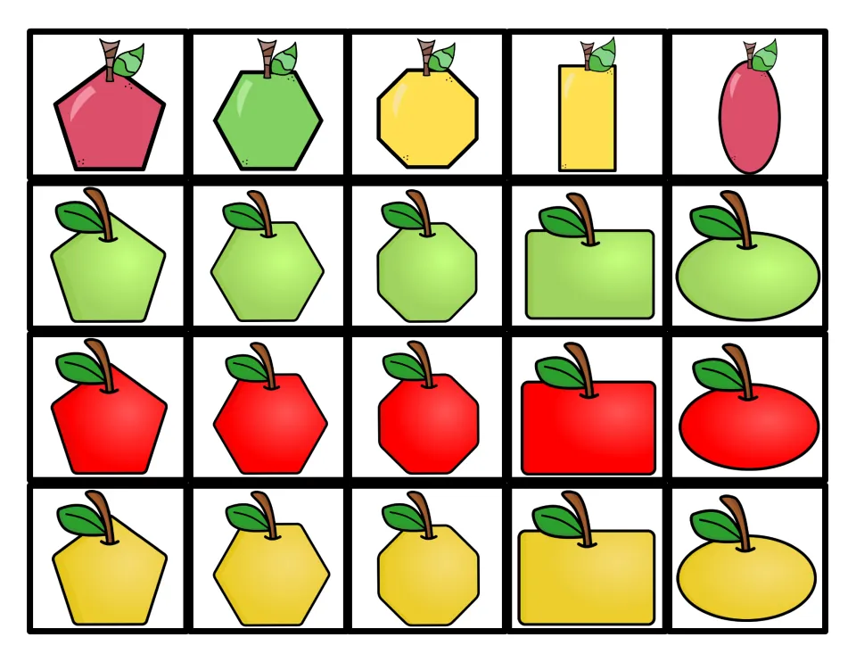 20 apple-shaped sorting cards: four each of pentagon, hexagon, octagon, rectangle, and oval