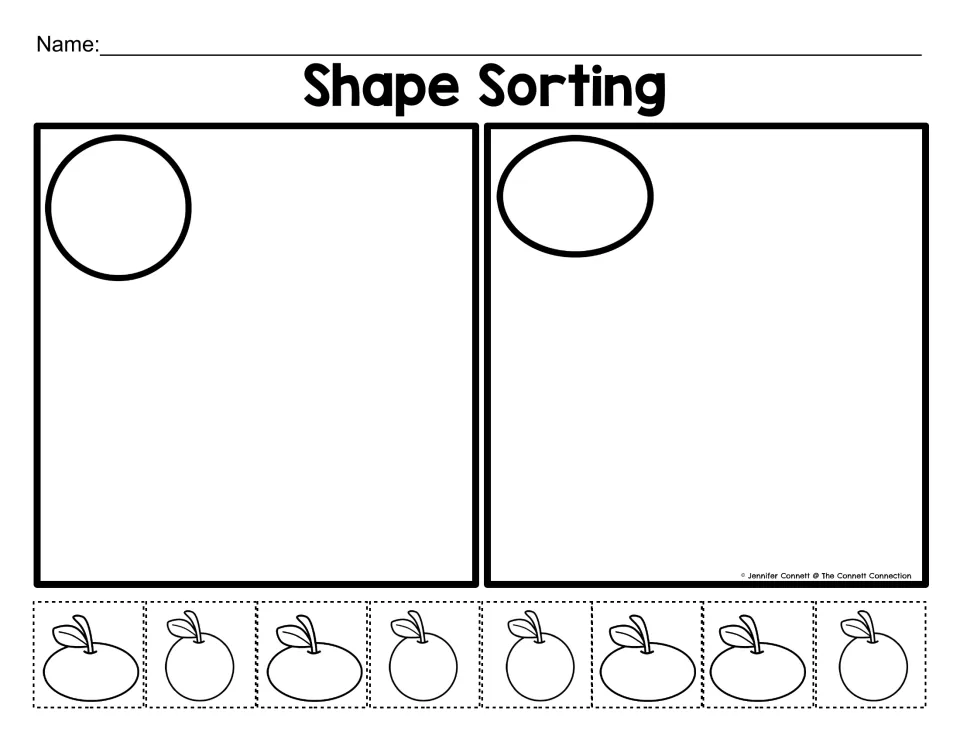 Shape Sorting with a circle and an oval: students cut out 8 apple pieces and glue each into the matching shape box