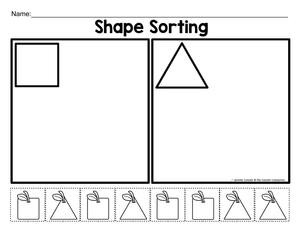 Shape Sorting with a square and a triangle: students cut out 8 apple pieces and glue each under its matching shape