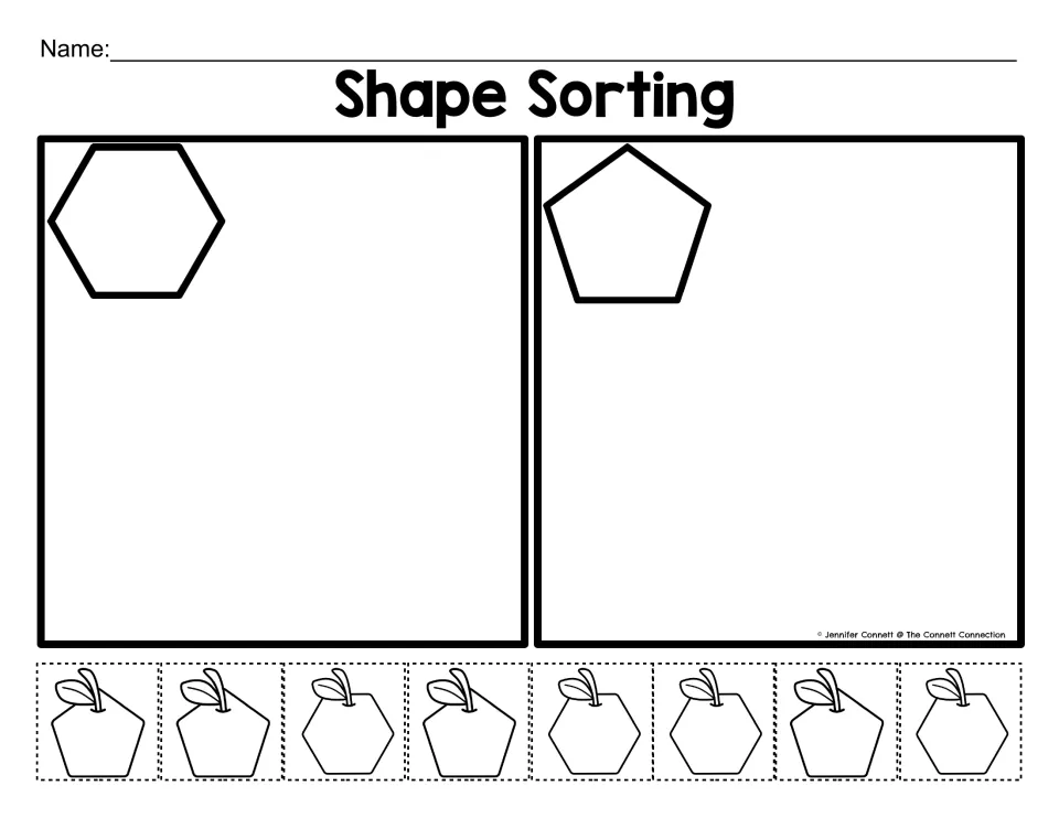 Shape Sorting with a hexagon and a pentagon: students cut out 8 apple pieces and glue each into the matching box