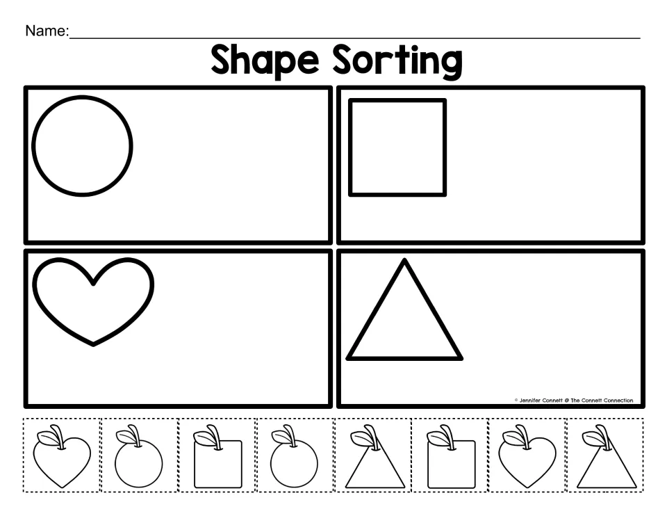 Shape Sorting with a circle, square, heart and triangle: students glue 8 cut-out apple pieces into four shape boxes