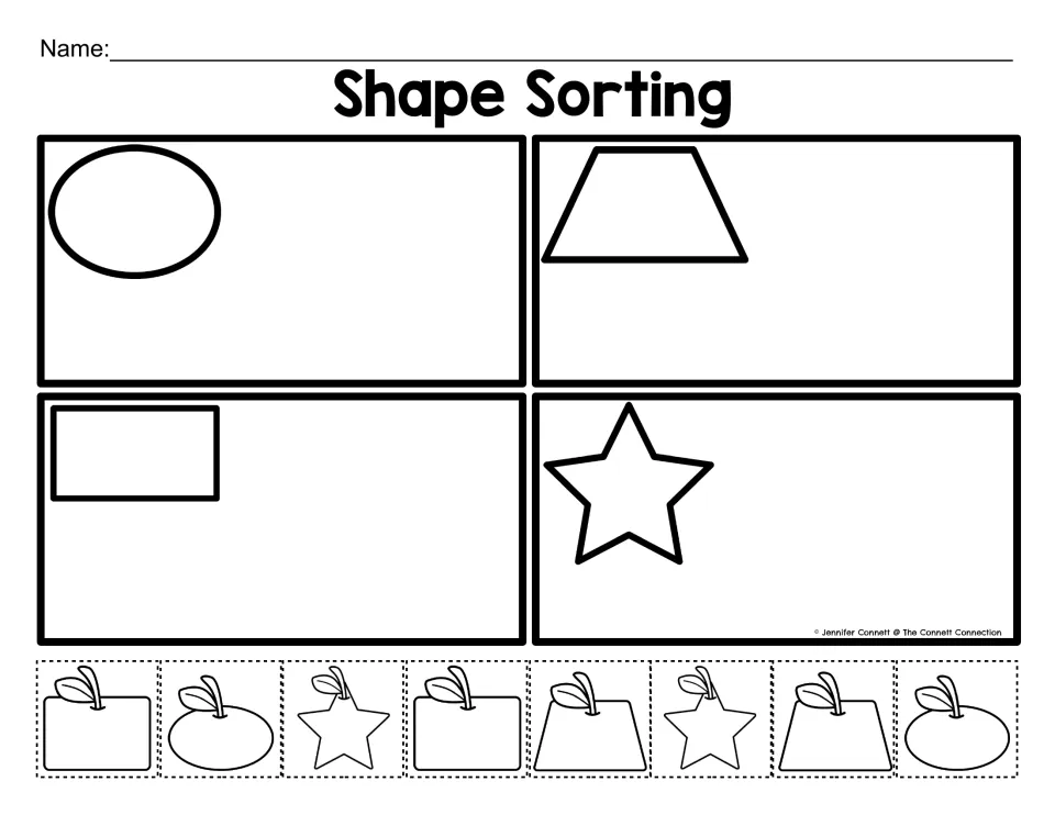 Shape Sorting with an oval, trapezoid, rectangle and star: students glue 8 cut-out apple pieces into four shape boxes