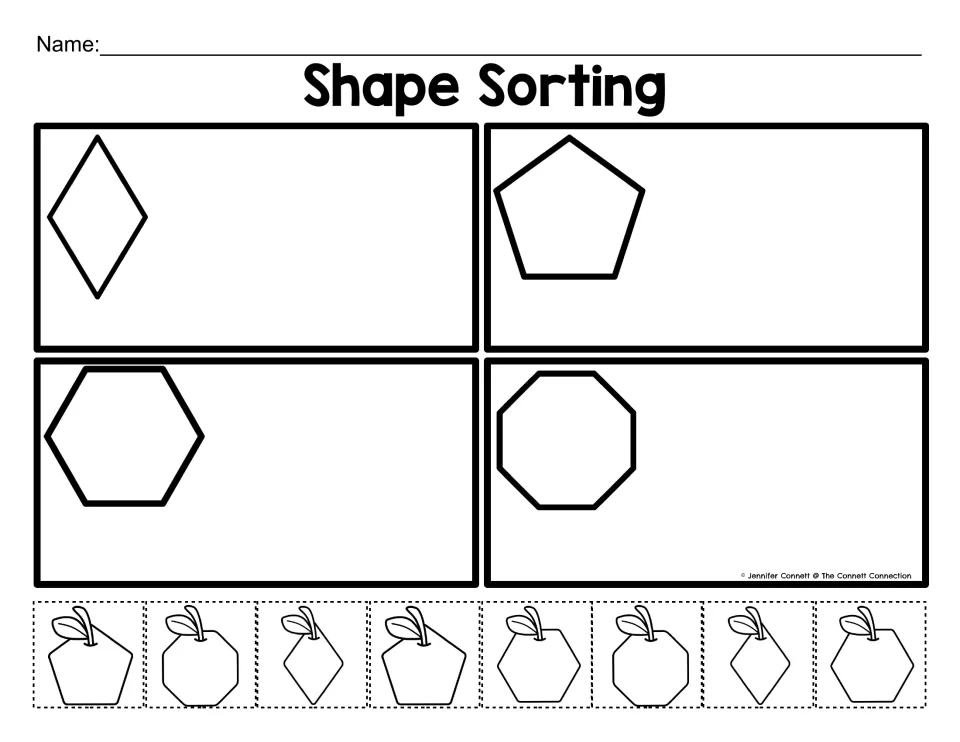 Shape Sorting with a rhombus, pentagon, hexagon and octagon: students glue 8 cut-out apple pieces into four boxes