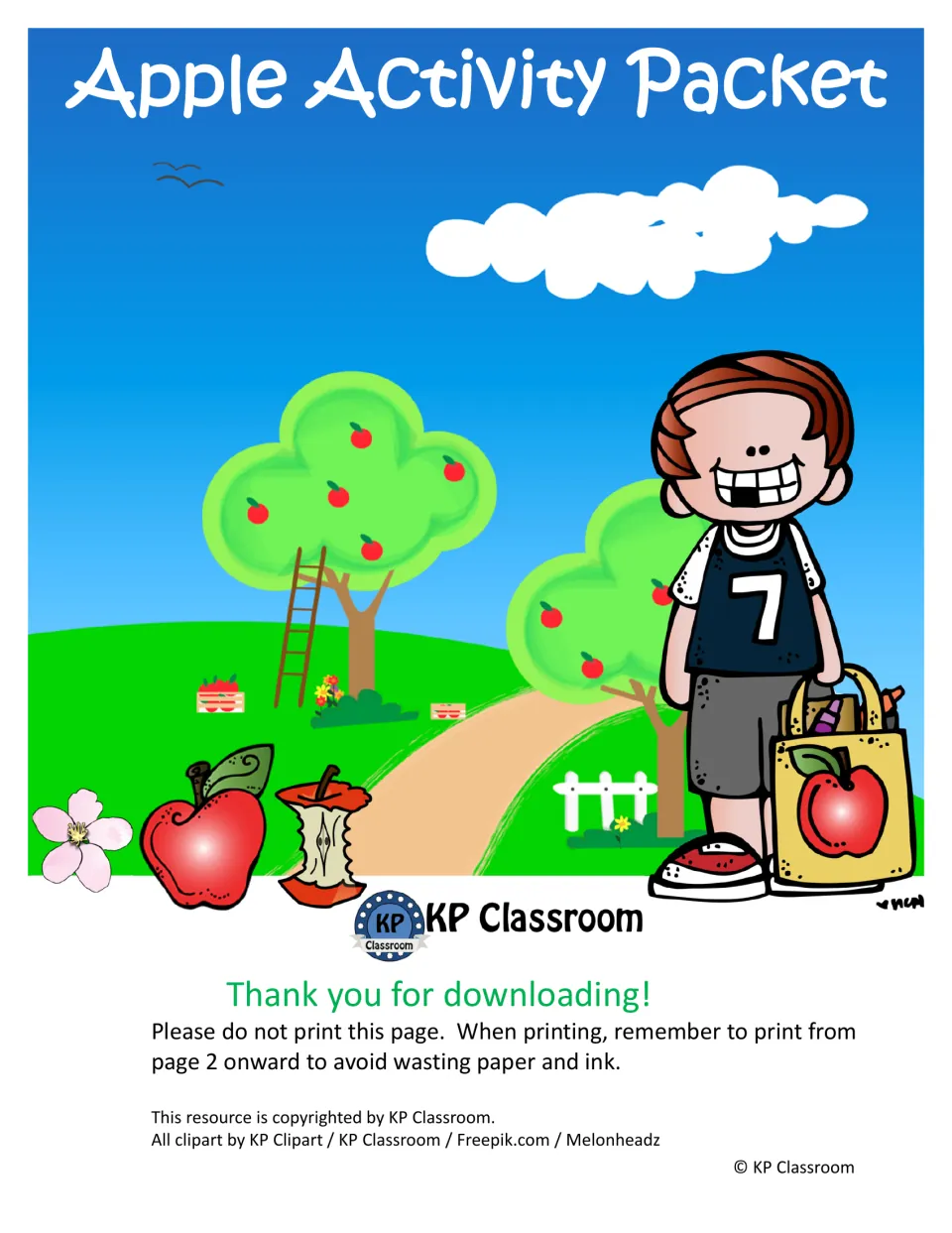 Apple Activity Packet cover by KP Classroom: boy with apple bag by an orchard, plus a thank-you and print-from-page-2 note