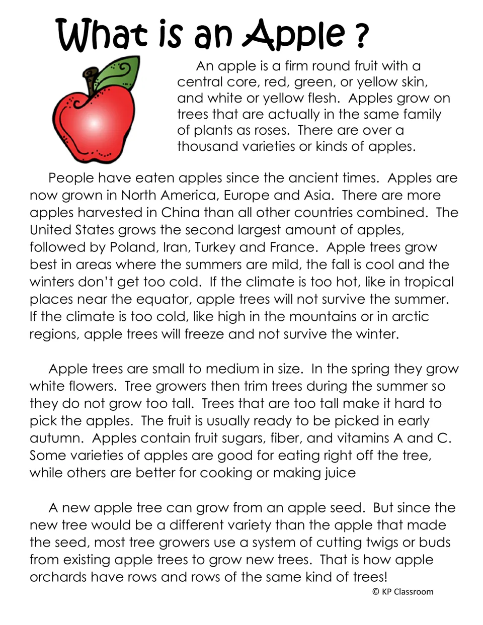 What is an Apple? longer passage adding top-growing countries, climates too hot or cold for trees, and why orchards match