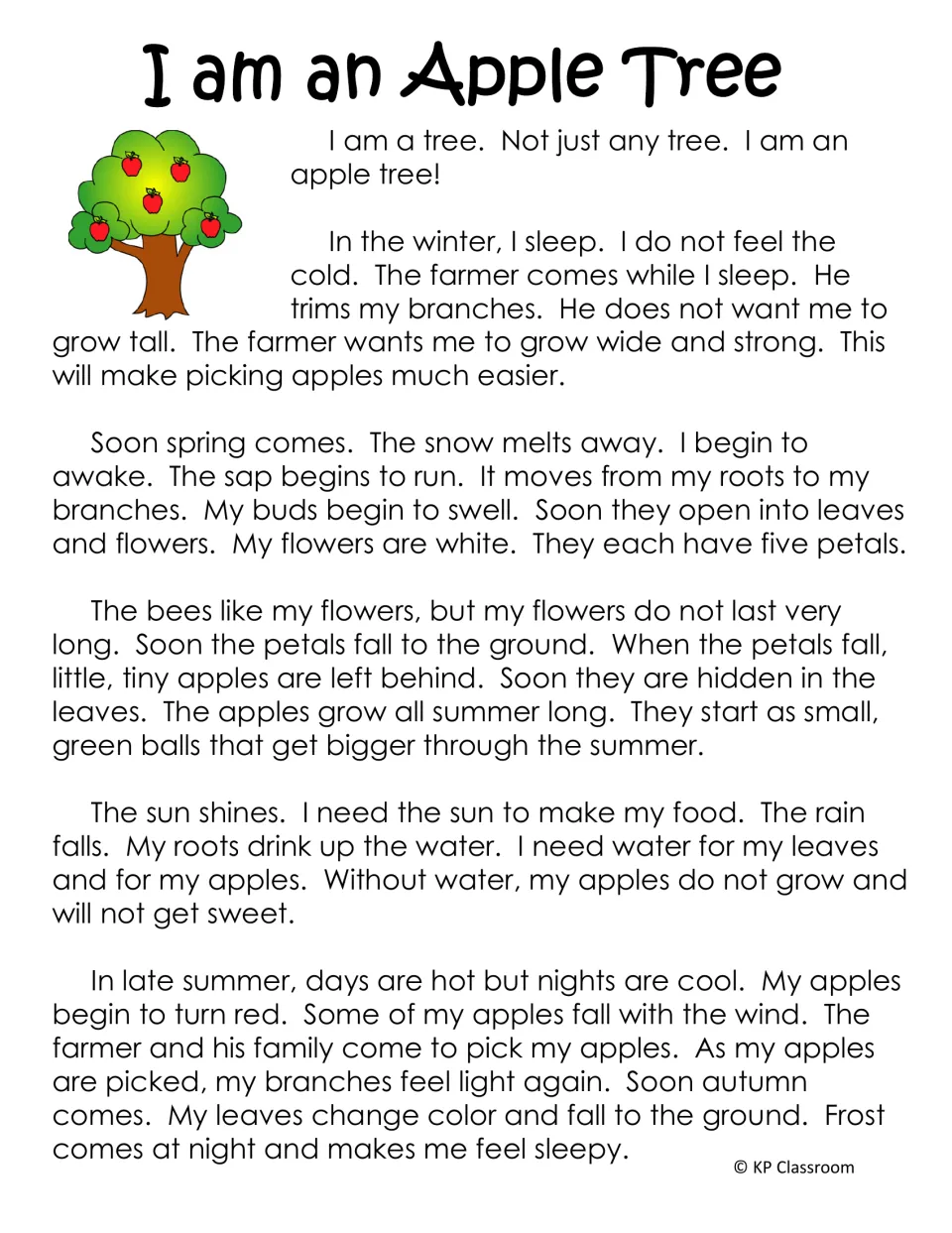 I am an Apple Tree: first-person story where a tree describes its year, from winter trimming to spring blossoms and harvest