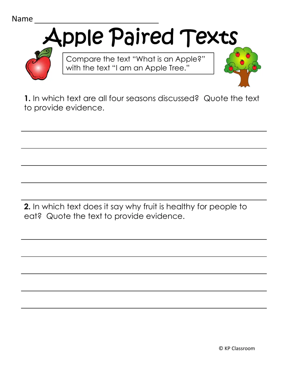 Apple paired texts: students compare the two passages, naming which covers all four seasons and quoting text as evidence