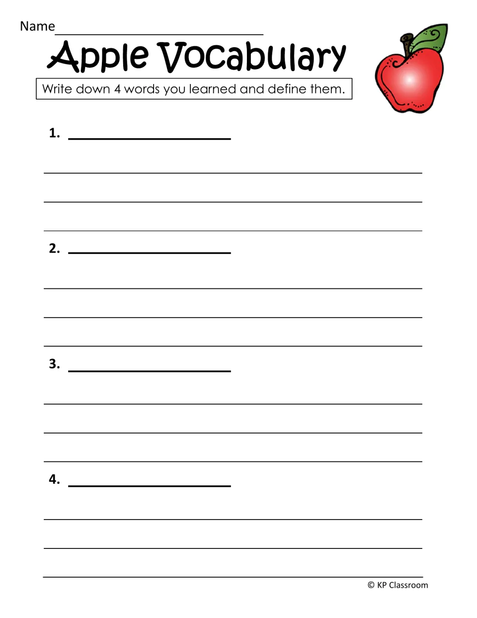 Apple vocabulary: students write down four new words learned from the readings and define each one