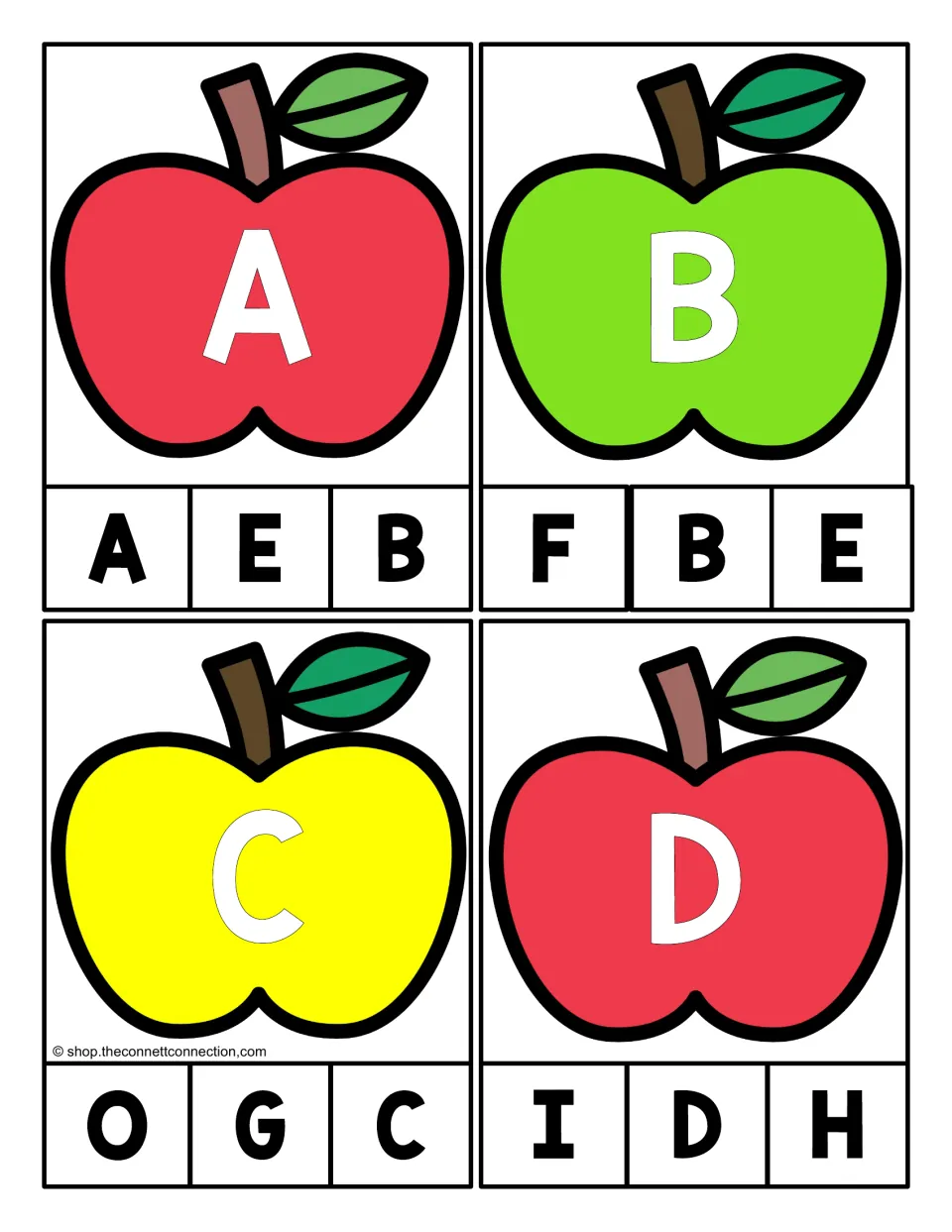 Alphabet clip cards 1–4: uppercase A, B, C, and D on apples, each matched to one of three capital letters.