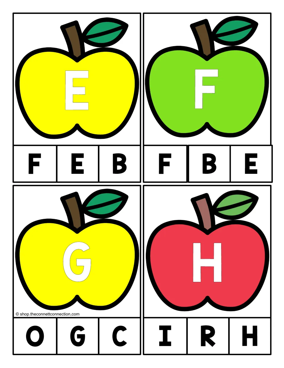 Alphabet clip cards 5–8: uppercase E, F, G, and H on apples, each matched to one of three capital letters.