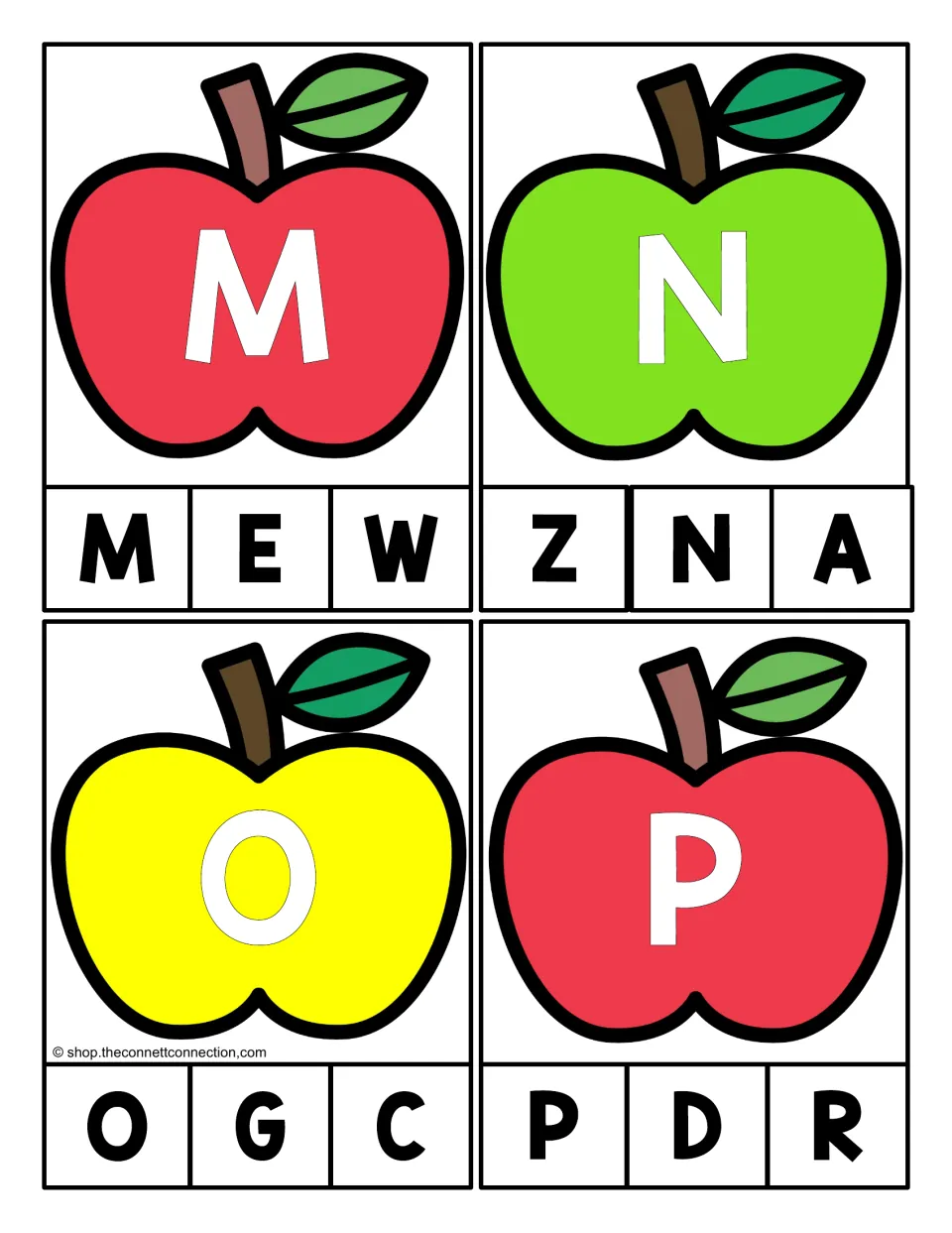 Alphabet clip cards 13–16: uppercase M, N, O, and P on apples, each matched to one of three capital letters.