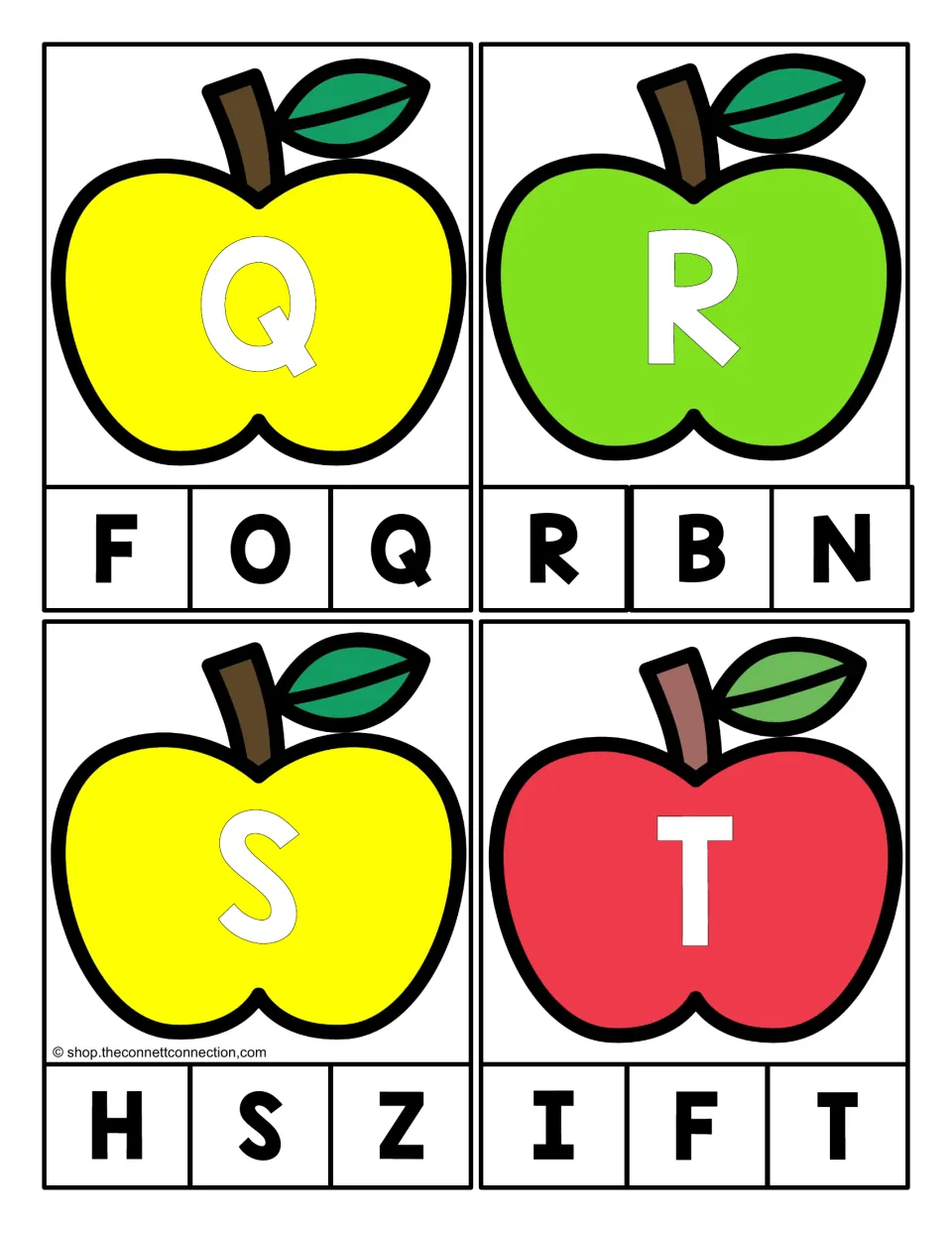 Alphabet clip cards 17–20: uppercase Q, R, S, and T on apples, each matched to one of three capital letters.