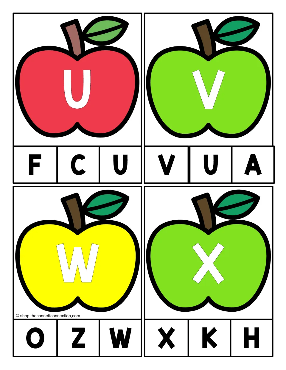 Alphabet clip cards 21–24: uppercase U, V, W, and X on apples, each matched to one of three capital letters.