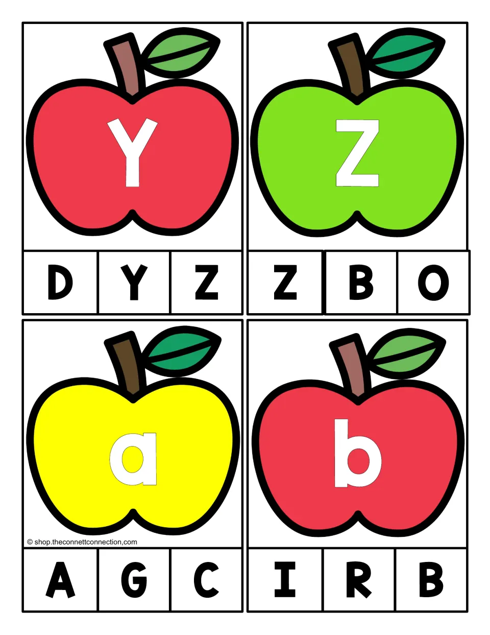 Alphabet clip cards 25–28: uppercase Y and Z plus lowercase a and b, each with three capital letter choices.